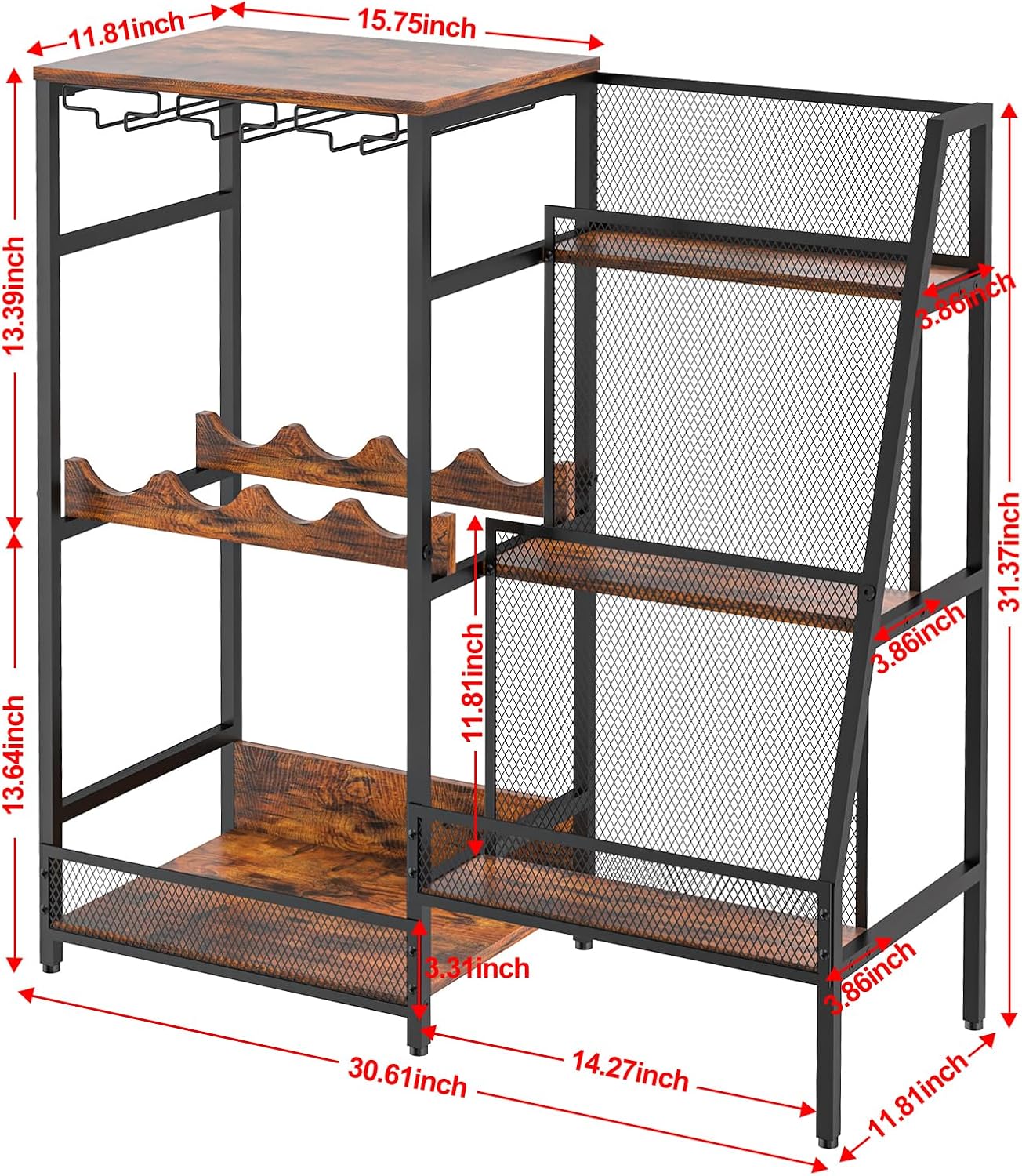 Versatile Liquor Stand for Home Bar, Wine Rack Freestanding Floor, Mini Bar Table for Liquor Whiskey Wine, 3-Tier Trapezoidal Liquor Bottle Display Shelf with Glass Holder and Fences(Patent Pending)