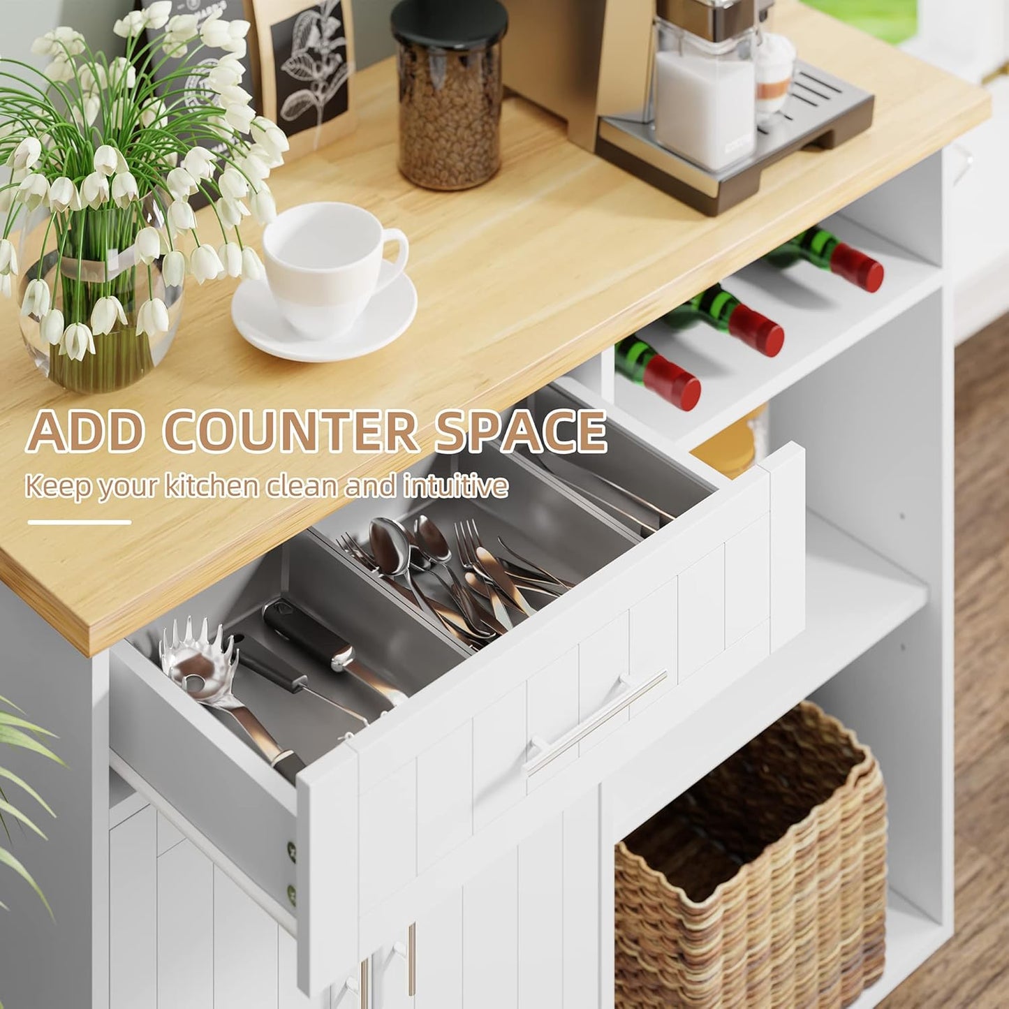 Shintenchi Kitchen Island Cart with Storage,Rolling Kitchen Island Side Table on Wheels with Large Worktop,Storage Cabinet,Towel Rack and Drawers for Kitchen,Dinning Room,White
