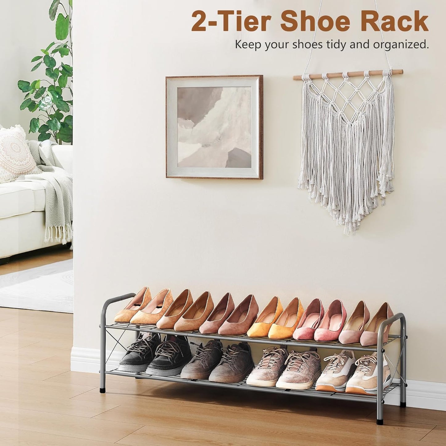Hoctieon 2 Tier Shoe Rack for Closet, Durable Mesh Style Shoe Rack, Entryway Shoe Shelf, Shoe Storage Organizer for Hallway, Bedroom, Living Room, Wardrobe, Grey