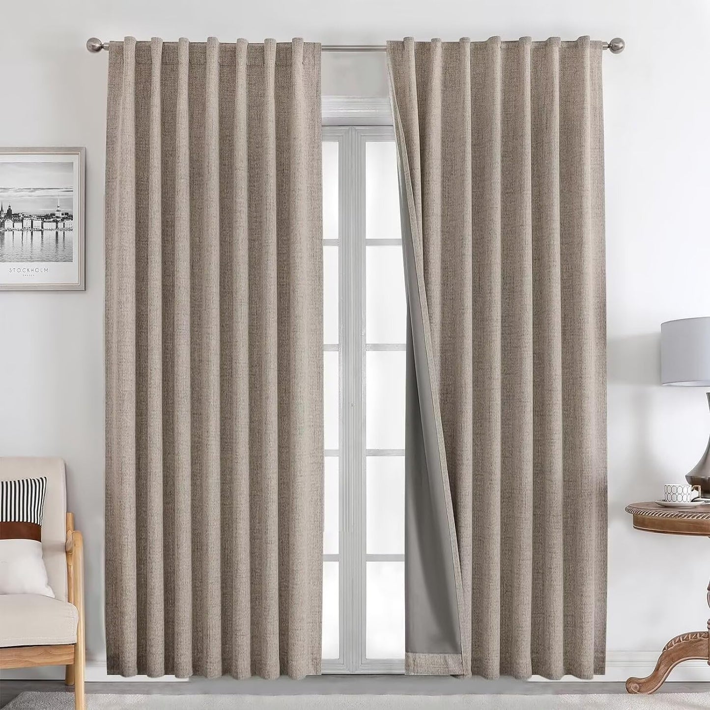 Joydeco Natural Linen Curtains 108 inch Length 2 Panels Set Burg 100% Blackout Patio Door Curtain Room Darkening Sliding Door Curtains Thermal Insulated Back tab Rod Pocket(105x108 inch, Linen)