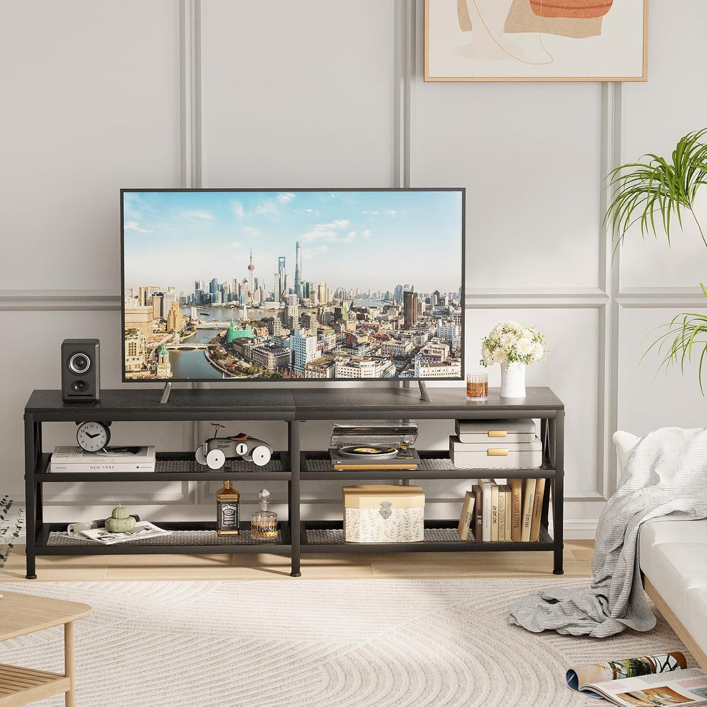 TV Stand for TVs up to 70 Inch, 63" Long Industrial TV Console Table with 3-Tier Storage Shelves, Entertainment Center for Living Room, Bedroom (Black)