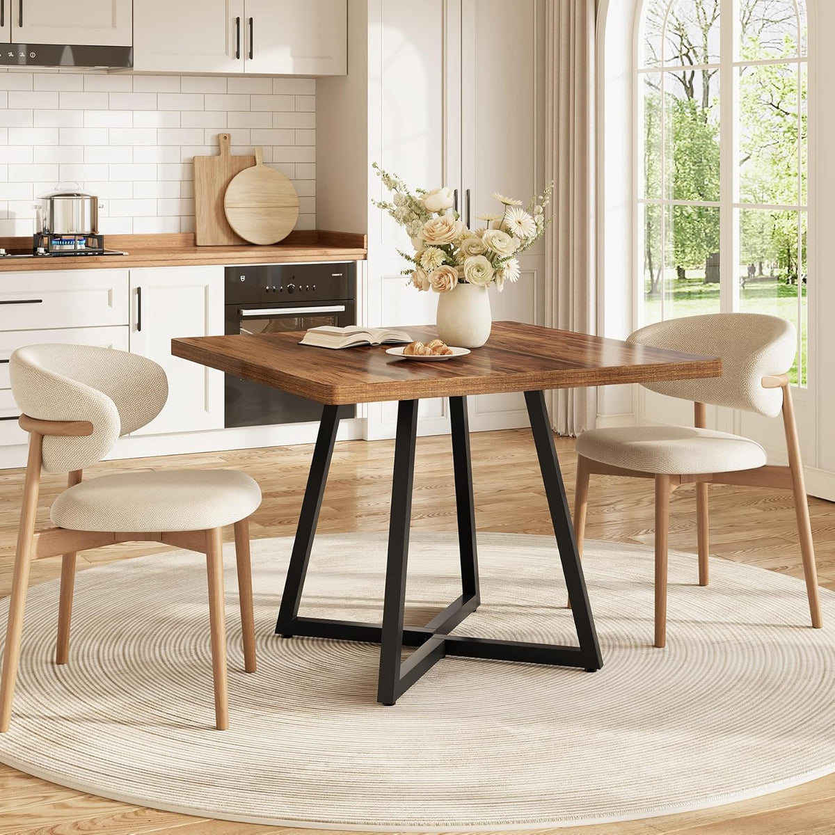 LITTLE TREE 31.5 Inches Small Dining Table for 4, Square Dinner Table for Small Space, Dining Room Tables, Rustic Brown Wooden Kitchen Table with Metal Legs, Modern Leisure Cafe Table for Apartment