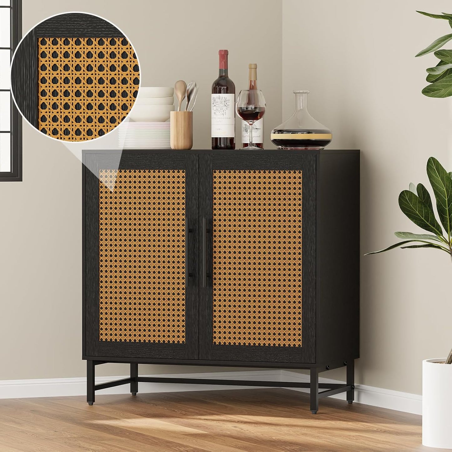 KFO Storage Cabinet with Rattan Doors, Free Standing Buffet Cabinet, Modern Sideboard for Living Room, Hallyway, Entryway