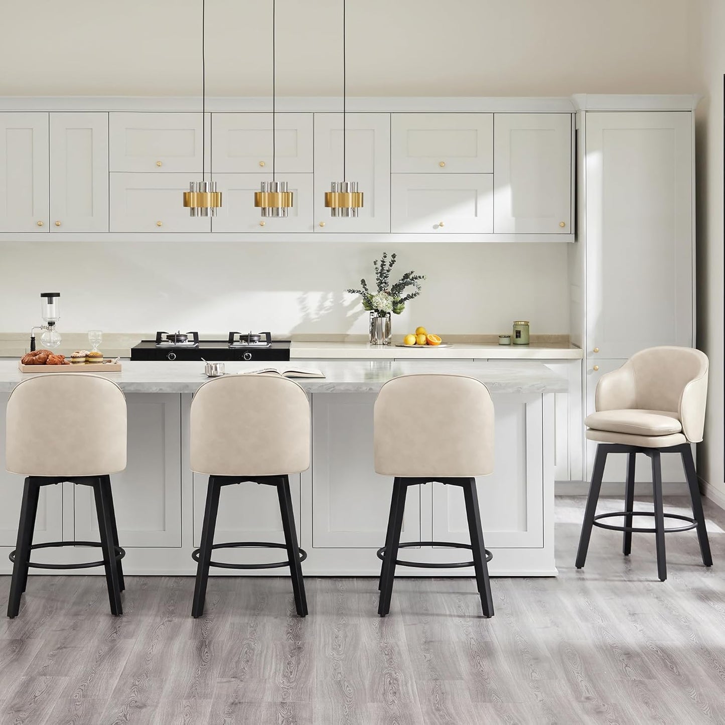 Counter Height Barstools 26 inch Upholstered Swivel Bar Stools with Back and Wood Legs for Kitchen Island,Set of 1,Beige PU Leather