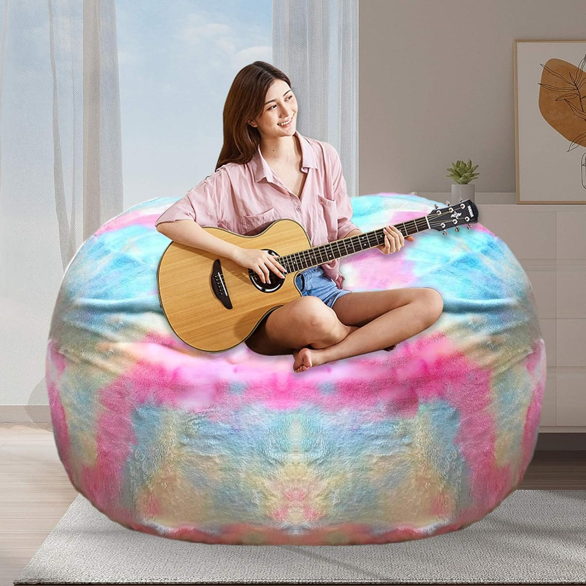 BCU 6FT Bean Bag Chair for Adults and Kids Without Filler Giant Stuffed Animal Storage Cover Soft Faux Fur Floor Chair Cover for Bedroom Living Room, Multicolored