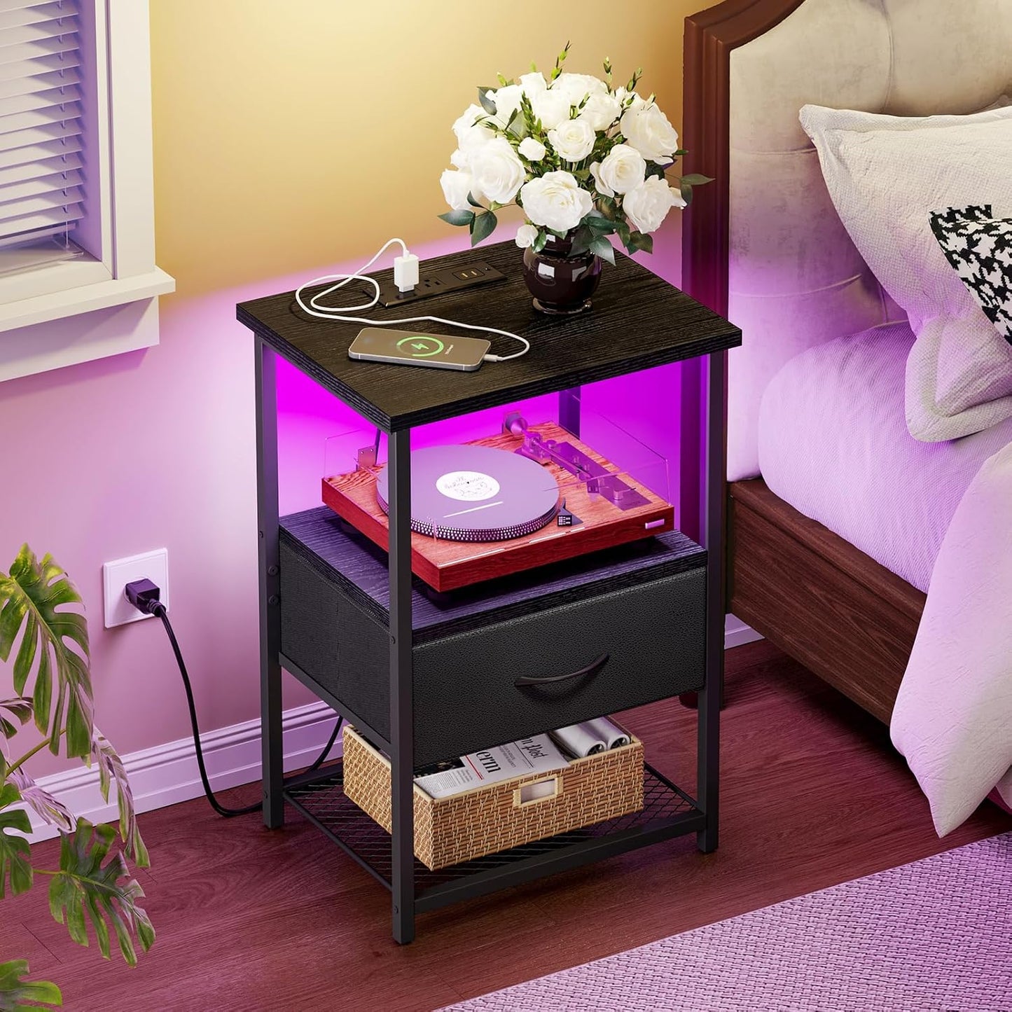 Fixwal Night Stand with Charging Station, LED Nightstand Side Table with Fabric Drawers PU Finish, End Tables Bedroom, Bedside Table, Black