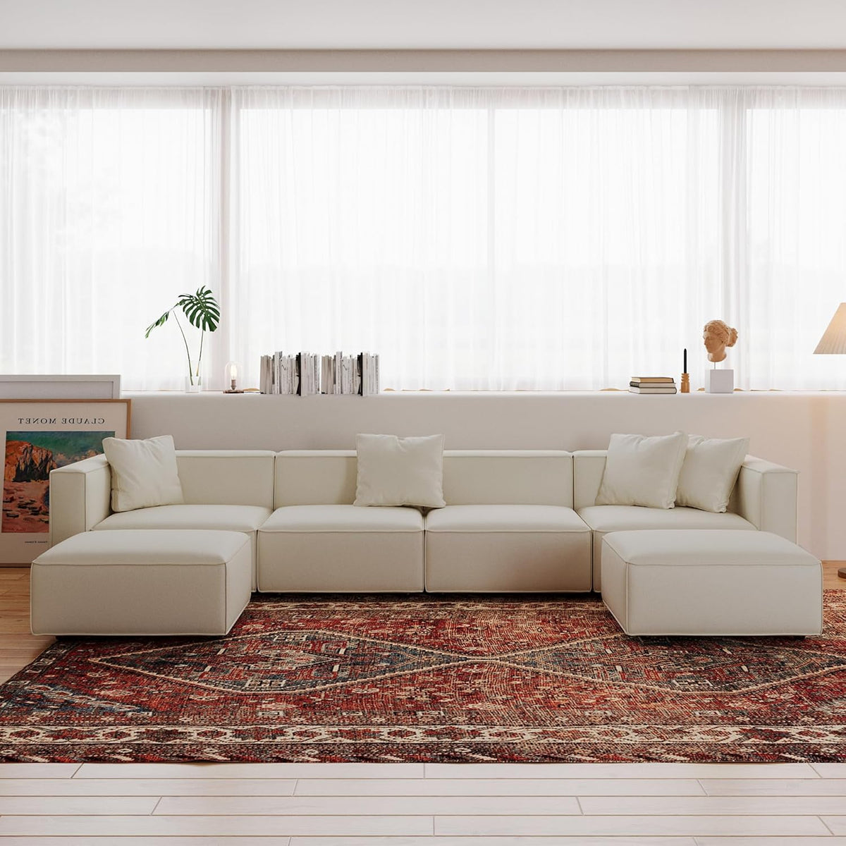 Acanva Luxury Modular Sectional Couch with Moveable Ottoman and Chaise, Modern Minimalist Style Sofa for Living Room, Apartments, U-Shape, Vegan Leather Cream