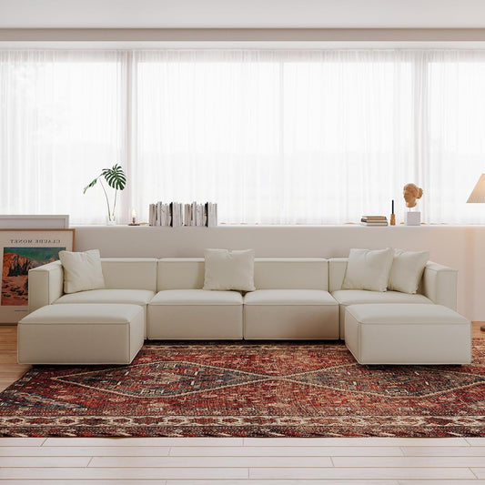 Acanva Luxury Modular Sectional Couch with Moveable Ottoman and Chaise, Modern Minimalist Style Sofa for Living Room, Apartments, U-Shape, Vegan Leather Cream