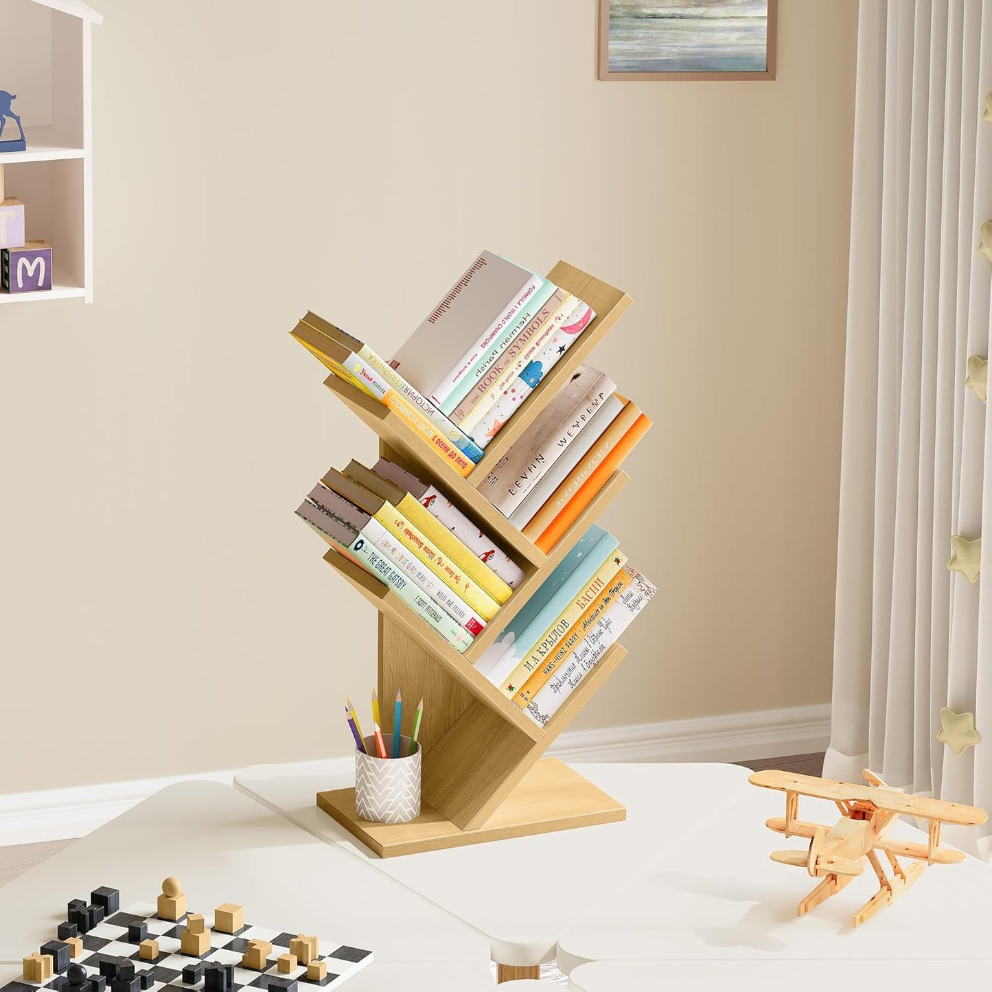 Hoctieon 4 Tier Tree Bookshelf, 4 Shelf Bookcase, Free Standing Tree Bookcase, Display Floor Standing Shelf for Books, Book Organizer Shelves for Home Office, Living Room, Bedroom, Yellow