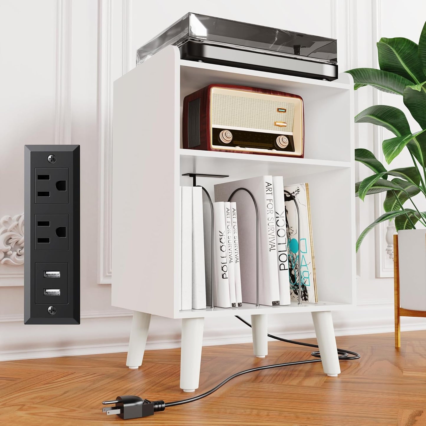 Record Player Stand, Turntable Stand with Record Storage and Charging Station & USB Ports, Record Player Table with Metal Divider, Record Stand Up to 160 Albums for Living Room, Bedroom, White