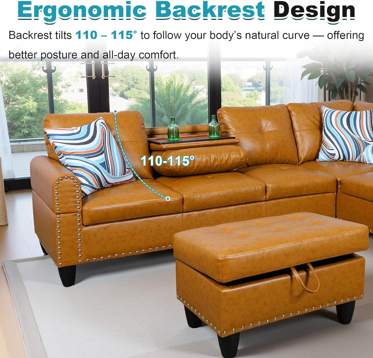 97.5" Oversized Sectional Couch, L Shaped Couch with Storage Ottoman, Modern Modular Sofa with Deep Seat, Sectional Couches for Living Room and Office, Ginger (PU Leather)