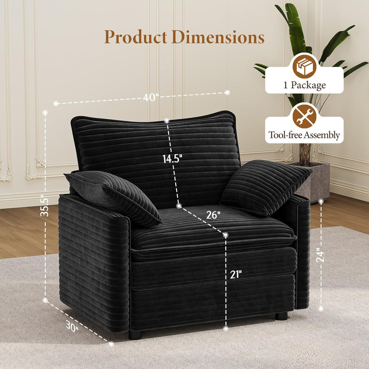 Vesgantti 40" Single Seat Sofa, Comfy Cloud Couch Deep Seat Upholstered Couch Corduroy Modern Sofa with Armrest Pillow, Easy Assembly for Living Room, Bedroom and Apartment, Black