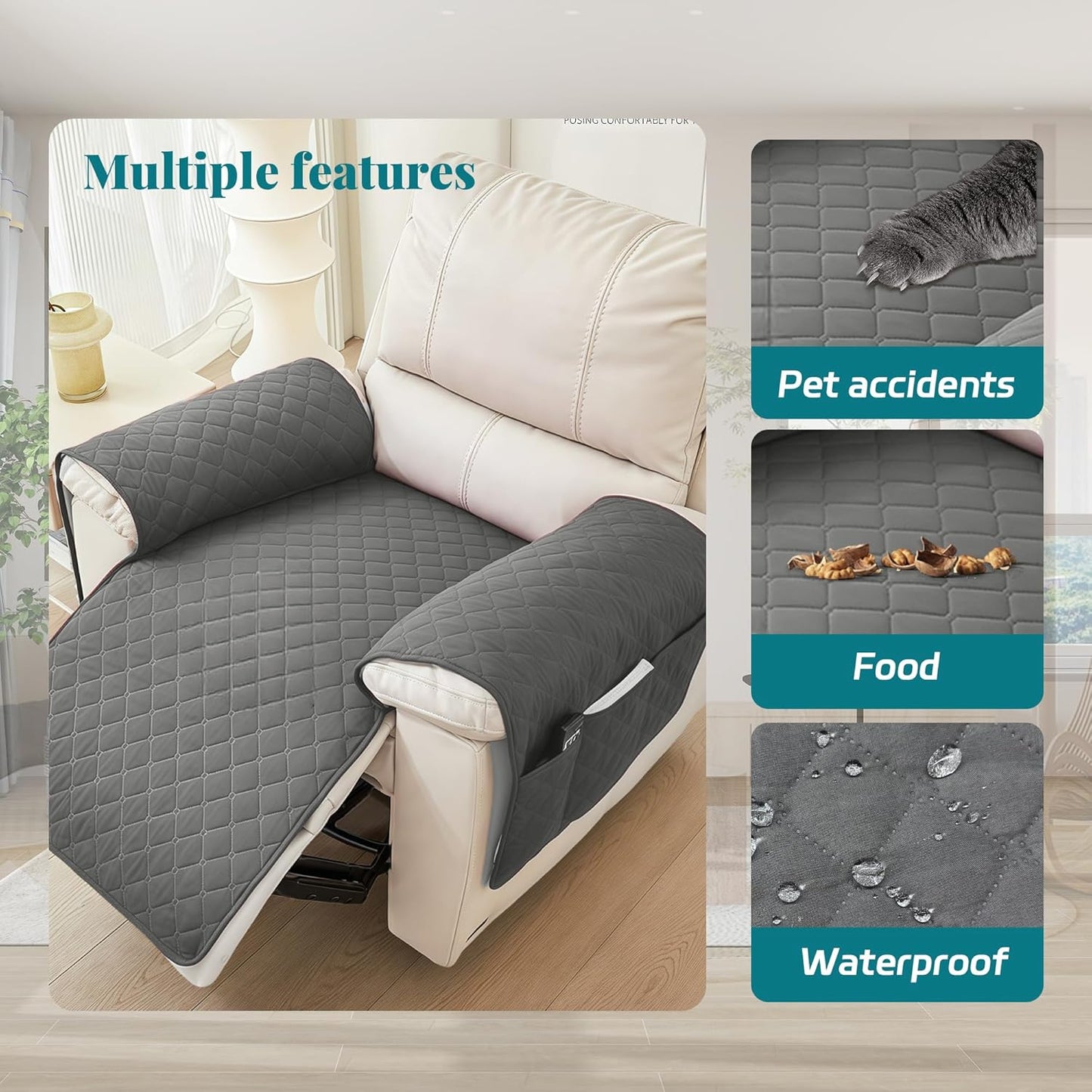 MEHIDFY Sofa Seat Arm Cover, Waterproof Couch Armrest Protector, Anti-Slip Sofa Cover, Remote Holder for Armchair, Dual Side Recliner Caddy with 3 Pockets for TV Remote, Phone, Pad, Pen, Book(Grey)