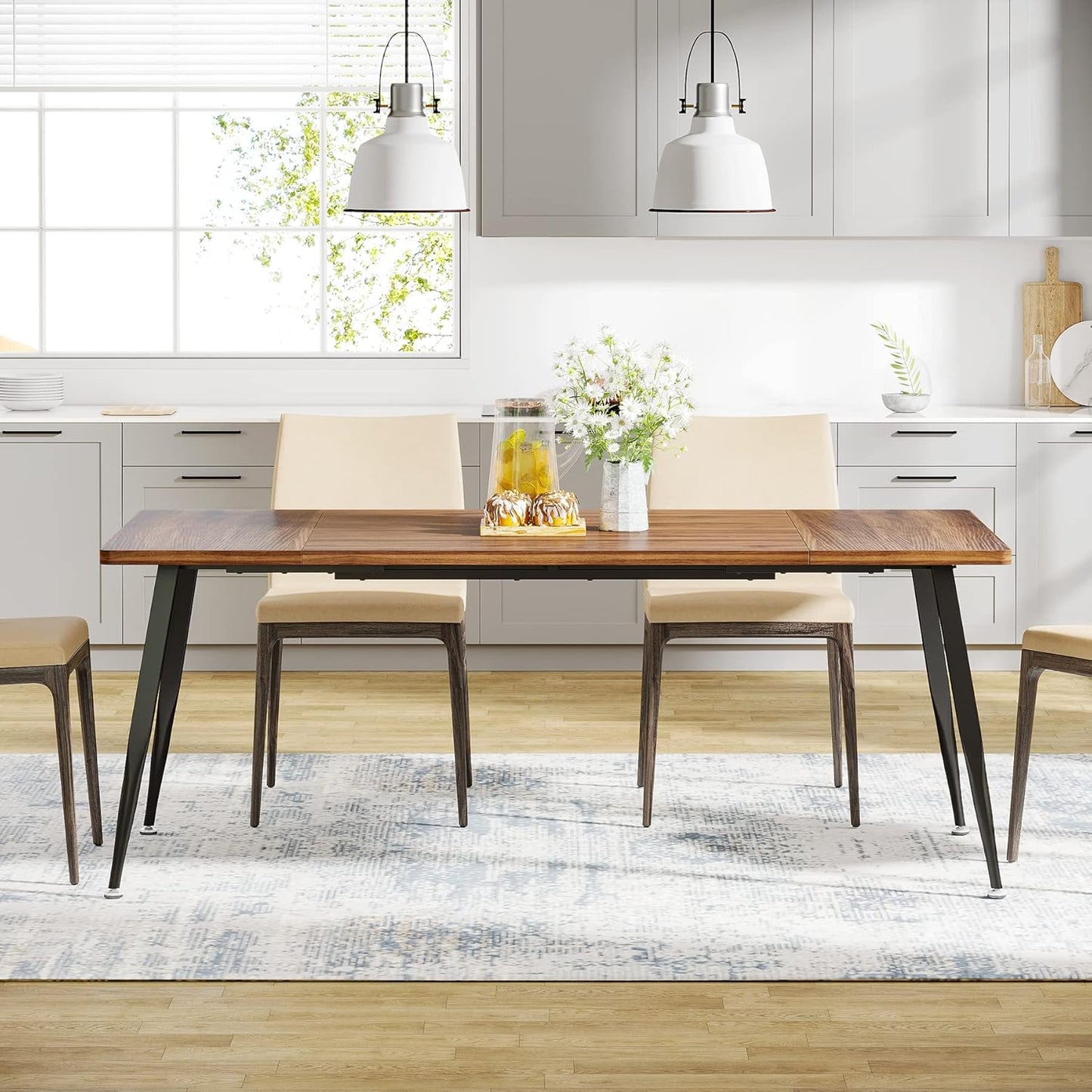 LITTLE TREE 70.9 Inch Large Rectangular Dining Table Kitchen Furniture,Brown+Black