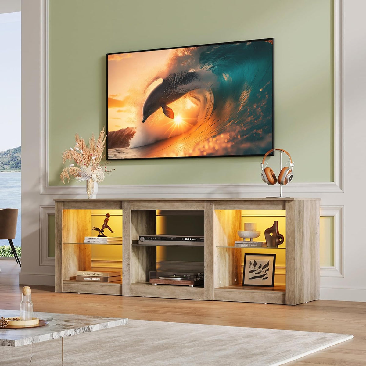 WLIVE LED TV Stand for 65 Inch TV, Modern Entertainment Center with Adjustable Glass Shelves & Customizable LED Lights, Sturdy Media Console for Living Room, Bedroom,Gaming (Gray Oak)