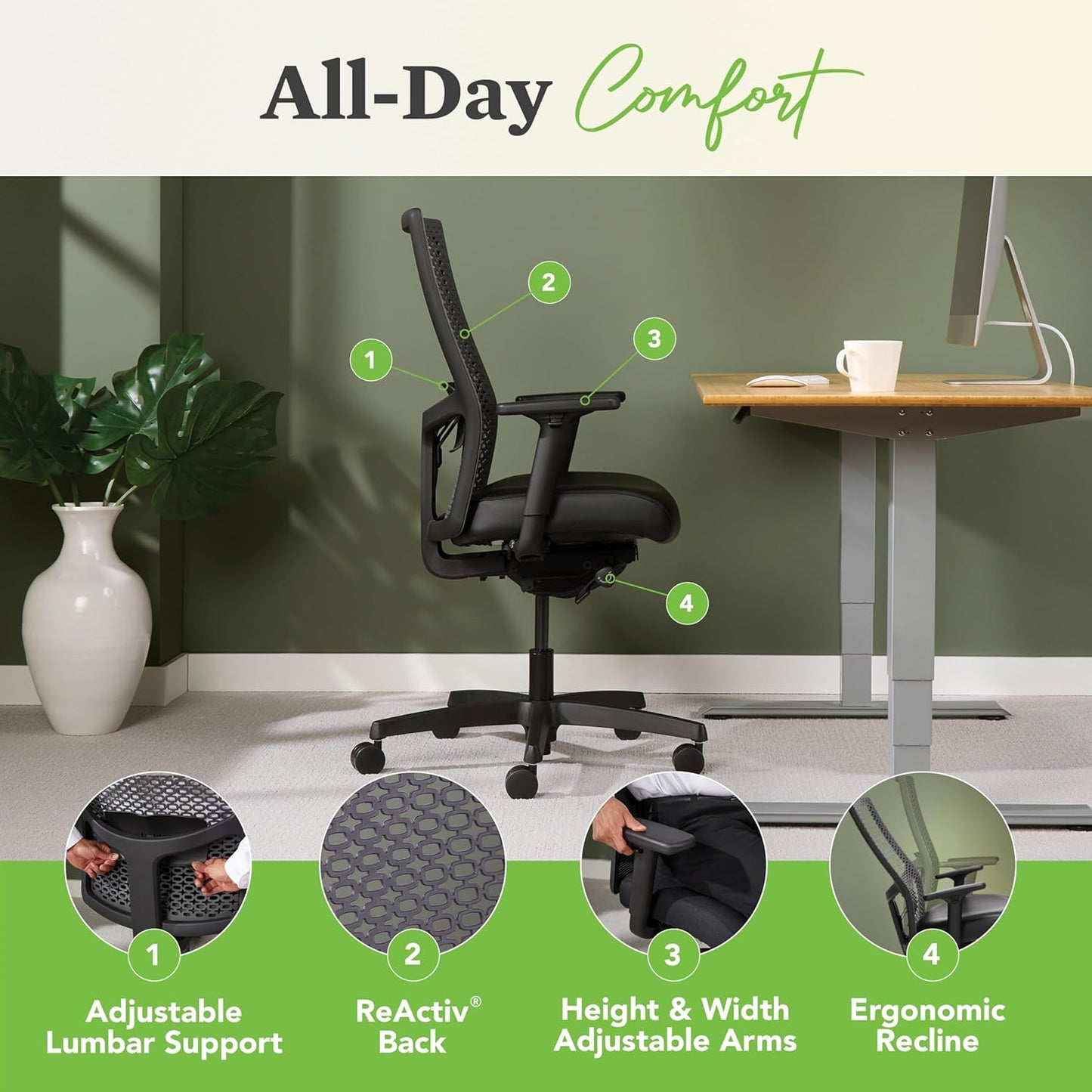 HON Ignition 2.0 ReActiv Ergonomic Office Chair, Standard Synchro-Tilt Recline, Breathable Flex Back, Swivel Wheels, Comfortable Desk Chair for Long Hours, Black Frame, Black