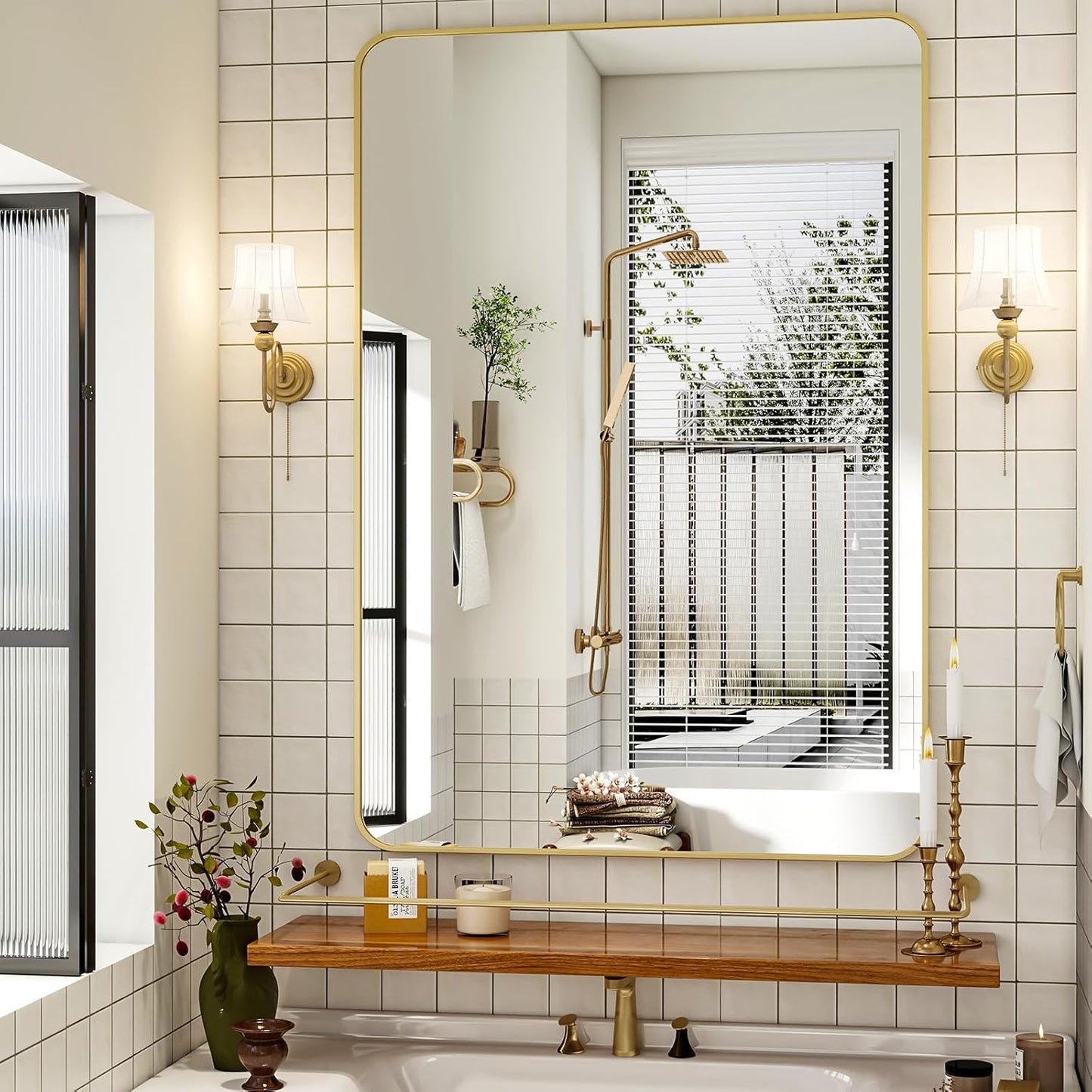 30 x 48 Inch Bathroom Mirror, Rounded Rectangular Vanity Mirror for Wall, Modern Mirror for Room Decor, Gold Framed Wall-Mounted Mirrors for Home Decor, Hangs Horizontally or Vertically