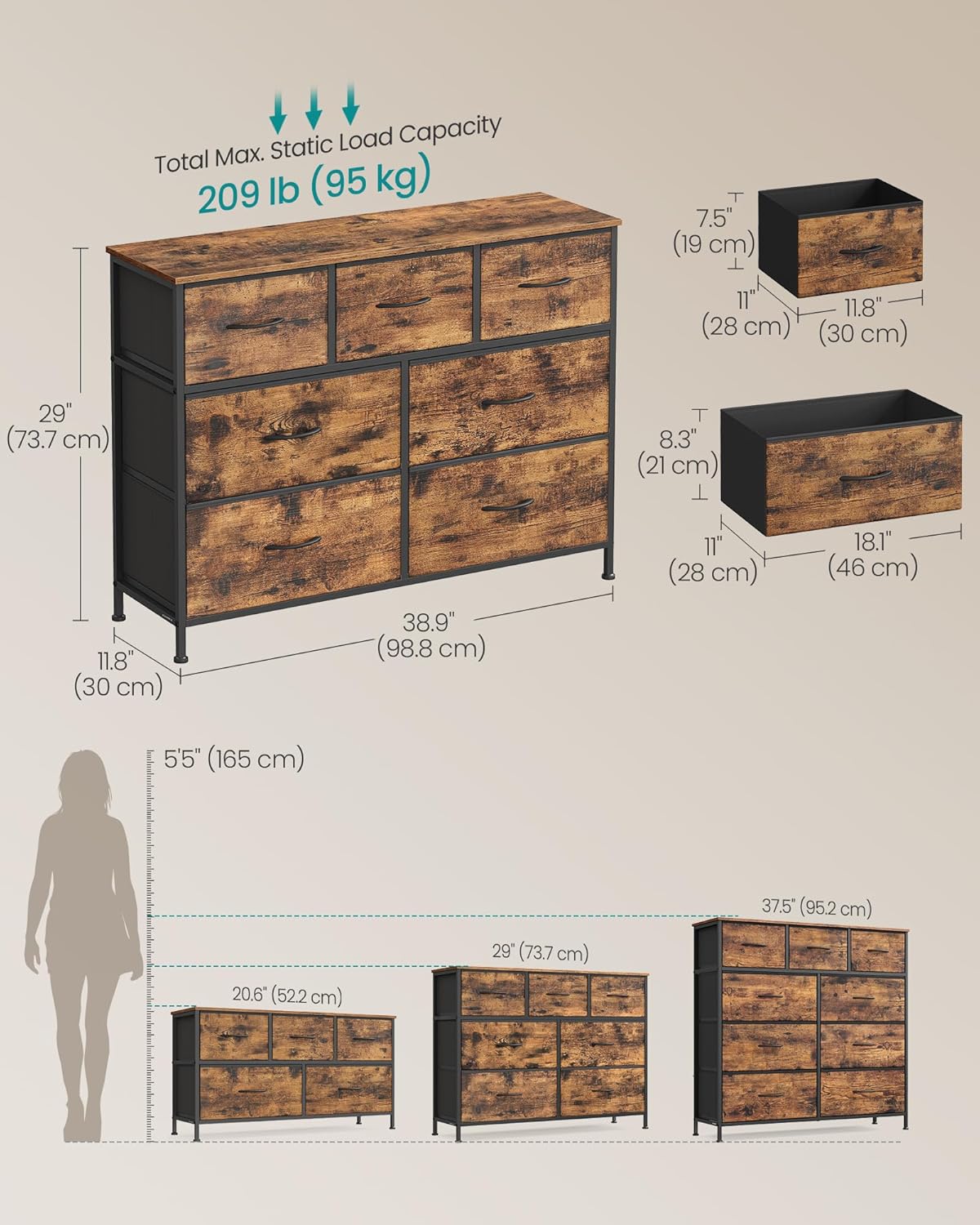 SONGMICS Dresser for Bedroom, Chest of Drawers, TV Stand, Steel, MDF, 7 Non-Woven Fabric Drawers, Storage Organizer Unit, Closet, Entryway, Rustic Brown and Ink Black ULGS323B02S