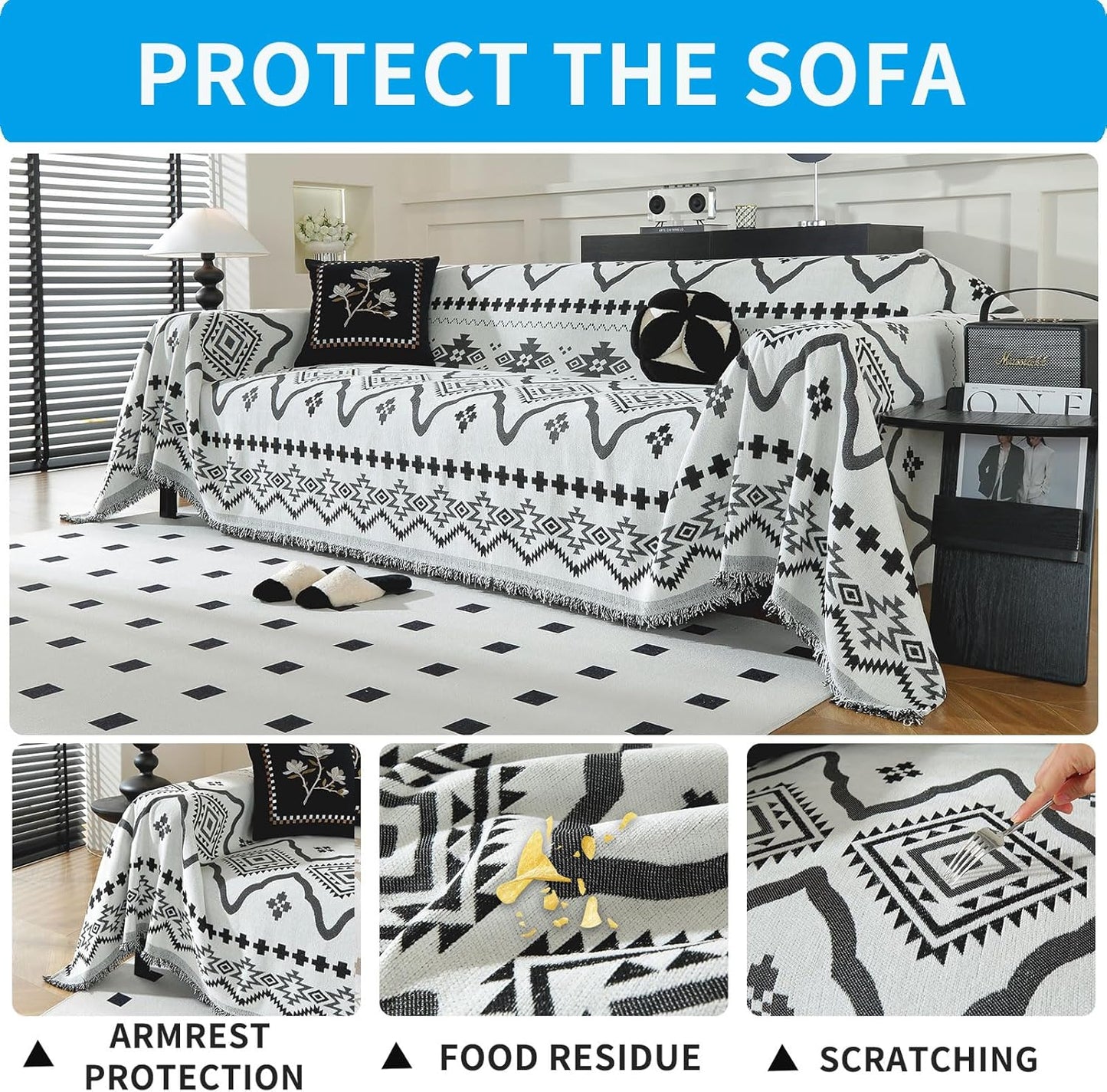 LUFEIJIASHI Boho Couch Covers for Sofa Non Slip Sofa Covers Washable Couch Covers for 3 Cushion Couch Sofa Pet Friendly Sectional Couch Cover Blanket Furniture Protector for Dogs (Black, 71"x134")