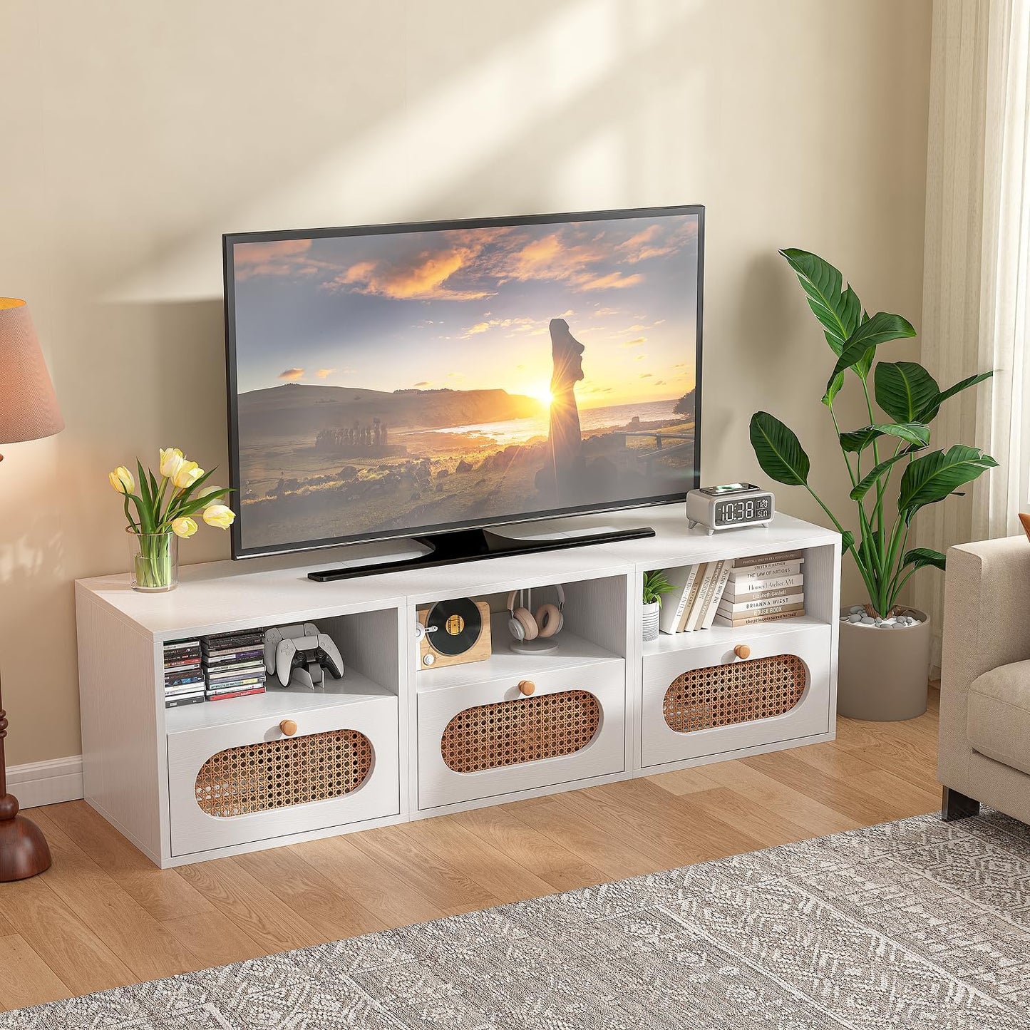 3-in-1 Modular TV Stand with Rattan Doors, DIY Media Console Boho Entertainment Center Modern TV Cabinet with Open Shelves,White