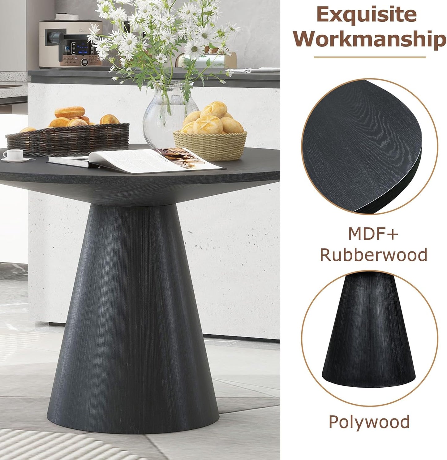 Wooden Kitchen Round Dining Table for 4-6, Round Kitchen Table with Circular Tabletop with Wood Pedestal Base, Rustic Farmhouse Furniture