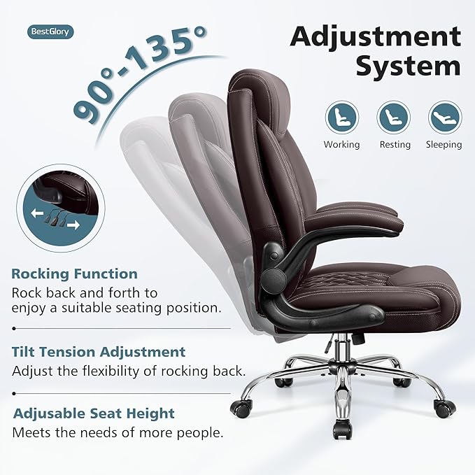 Office Chair, Ergonomic High Back Home Office Desk Chair, Big and Tall Breathable Leather Office Chair with Lumbar Support Flip-Up Armrests, Computer Chair with Rocking Function