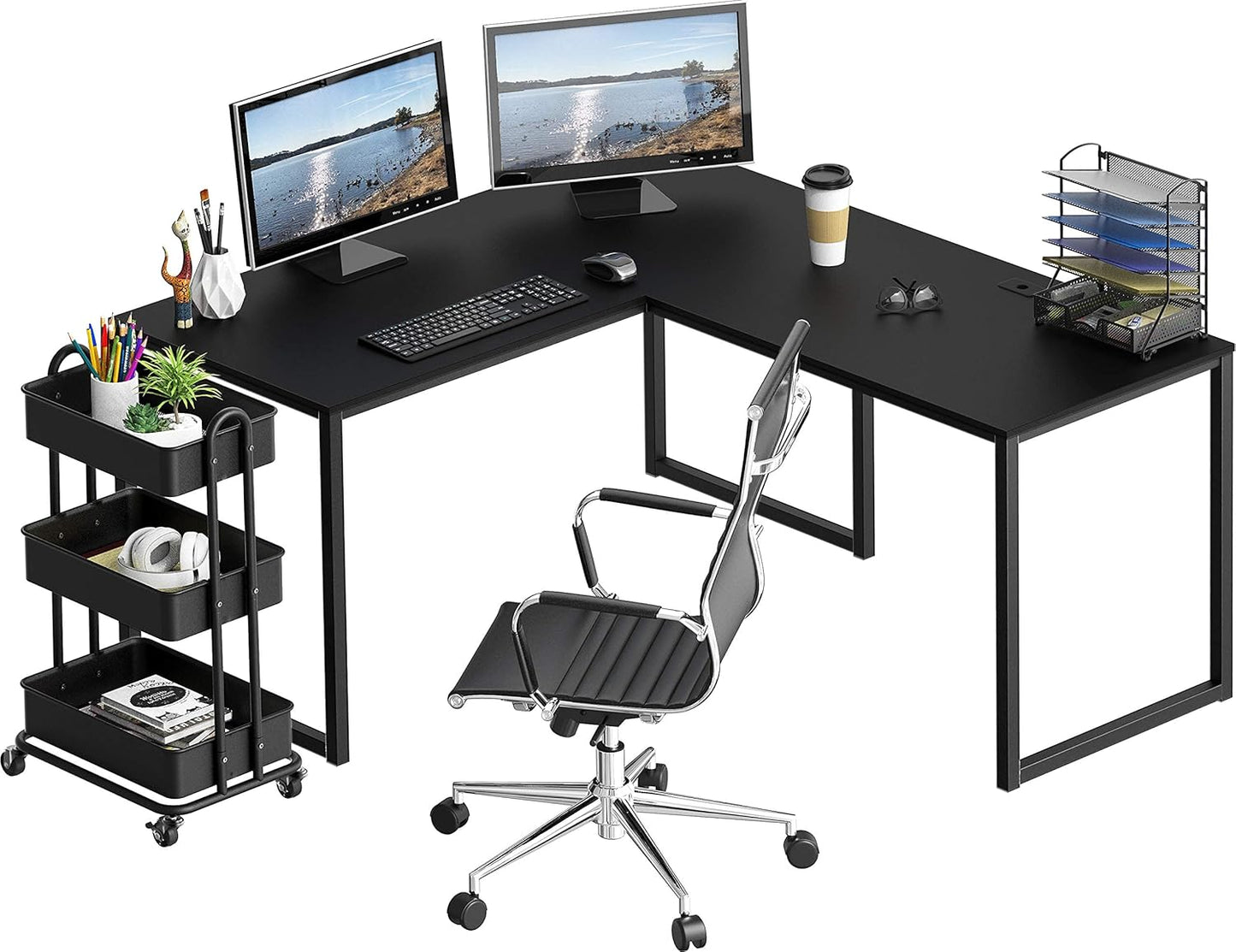 SHW 55 x 60 Inches Commercial-Grade L-Shape Corner Office Computer Desk, Black