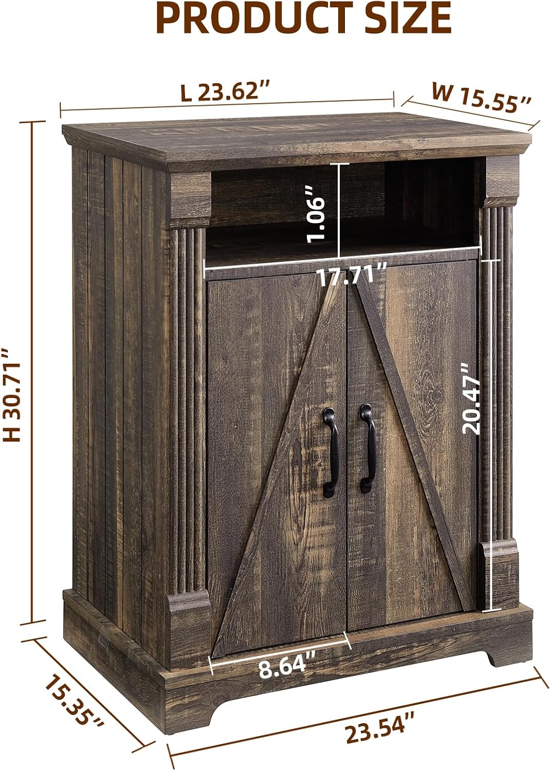 24" Farmhouse Storage Cabinet with Barn Doors, Dark Rustic Oak Freestanding Sideboard Buffet with Adjustable Shelf, Pantry Hutch Coffee Bar for Kitchen Bathroom Living Room - Small Floor Cabinet