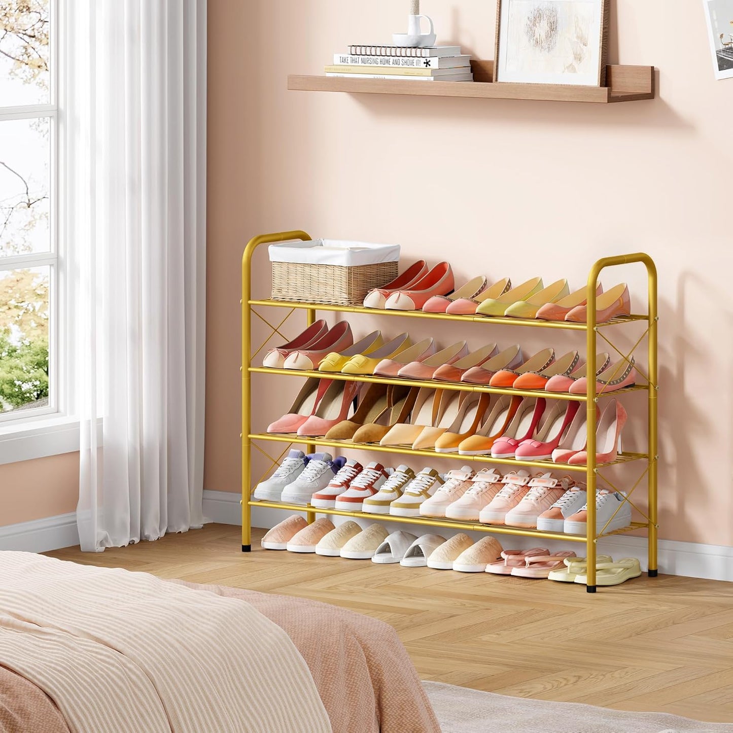 Hoctieon 4 Tier Mesh Style Shoe Rack, Entryway Shoe Shelf, Shoe Storage Organizer, Shoe Rack for Closet, Space Save for Bathroom, Garage, Hallway, Bedroom, Living Room, Gold