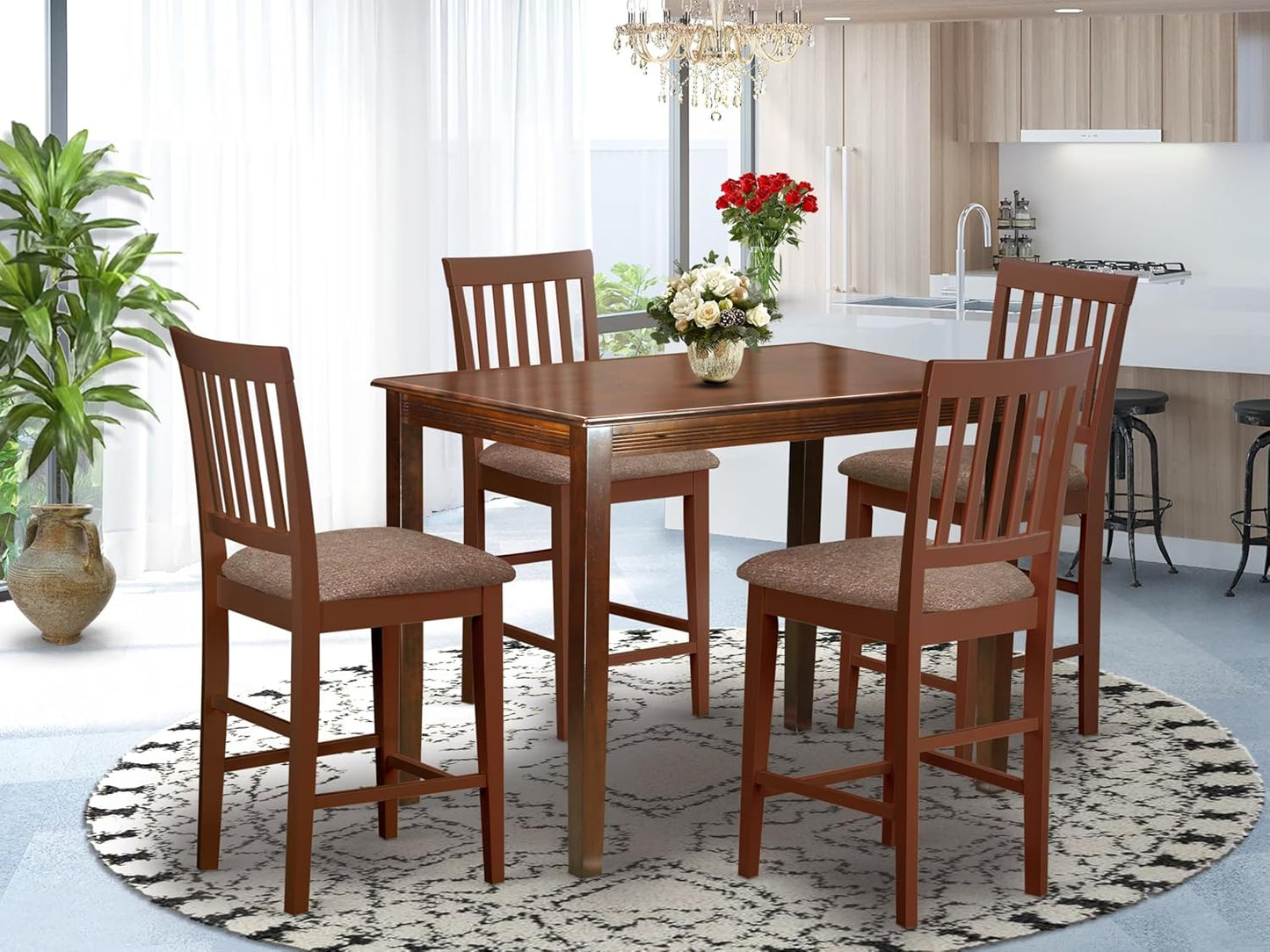 East West Furniture YAVN5-MAH-C 5 Piece Counter Height Pub Set Includes a Rectangle Dining Table and 4 Linen Fabric Kitchen Dining Chairs, 30x48 Inch, Mahogany