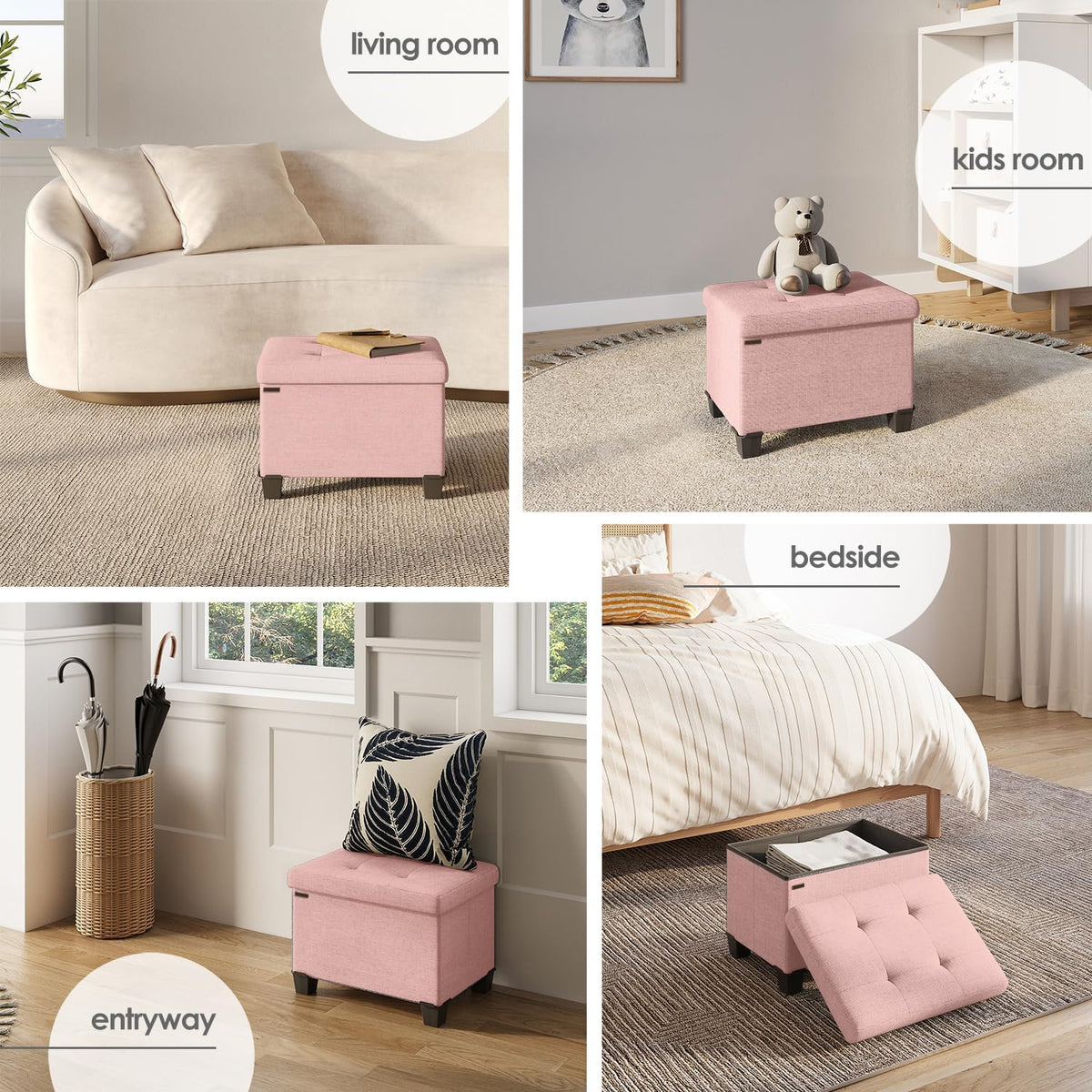 STORAGEBUD Storage Ottoman Cube with Small Bin, 16-in Square Ottoman with Storage for Living Room and Bedroom, Small Ottomans Foot Rest, Fabric Foot Stools Ottomans Max 330lbs, Pink