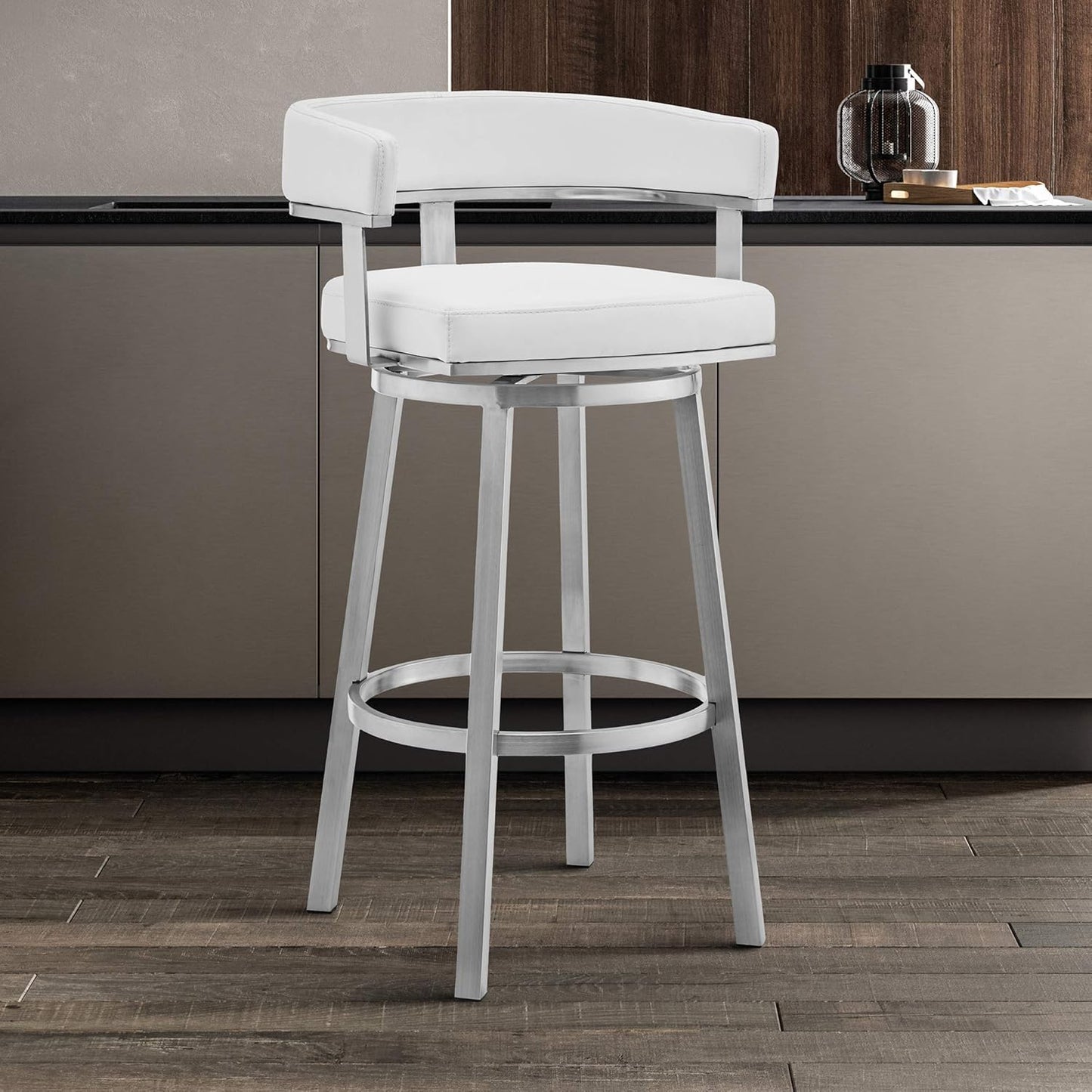 Armen Living Lorin Modern 30" Seat Height White Faux Leather and Brushed Stainless Steel Metal Swivel Bar Stool for Kitchen Island Counter