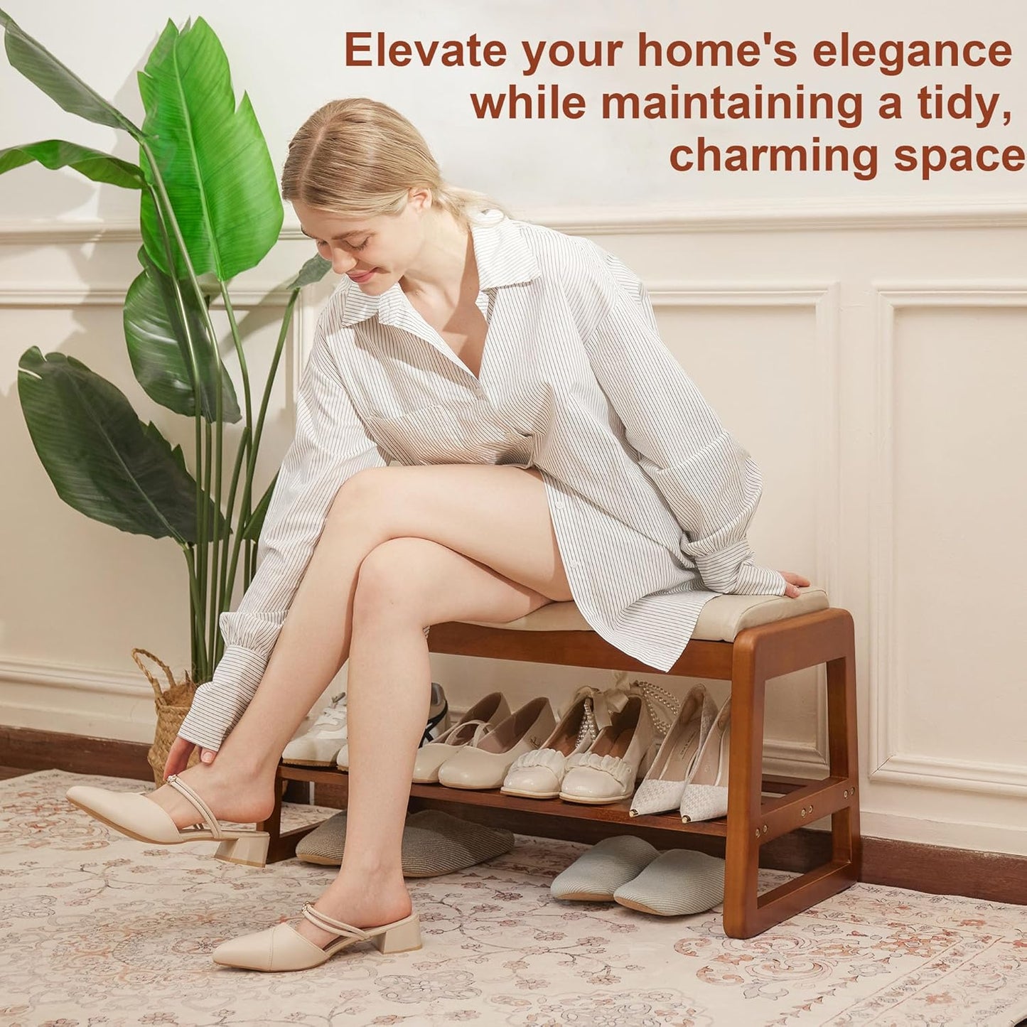 Shoe Bench Storage Rubberwood with Leather Cushion 39.4", Waterproof Easy to Clean 550LBS Organizer Shoe Rack for Entryway, Hallway, Mudroom, Front Door