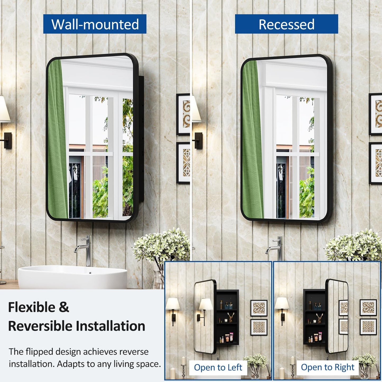 16x24 Inch Black Mirror Medicine Cabinet Metal Framed Recessed Wall Mounted Bathroom Medicine Cabinet with Mirror and Storage