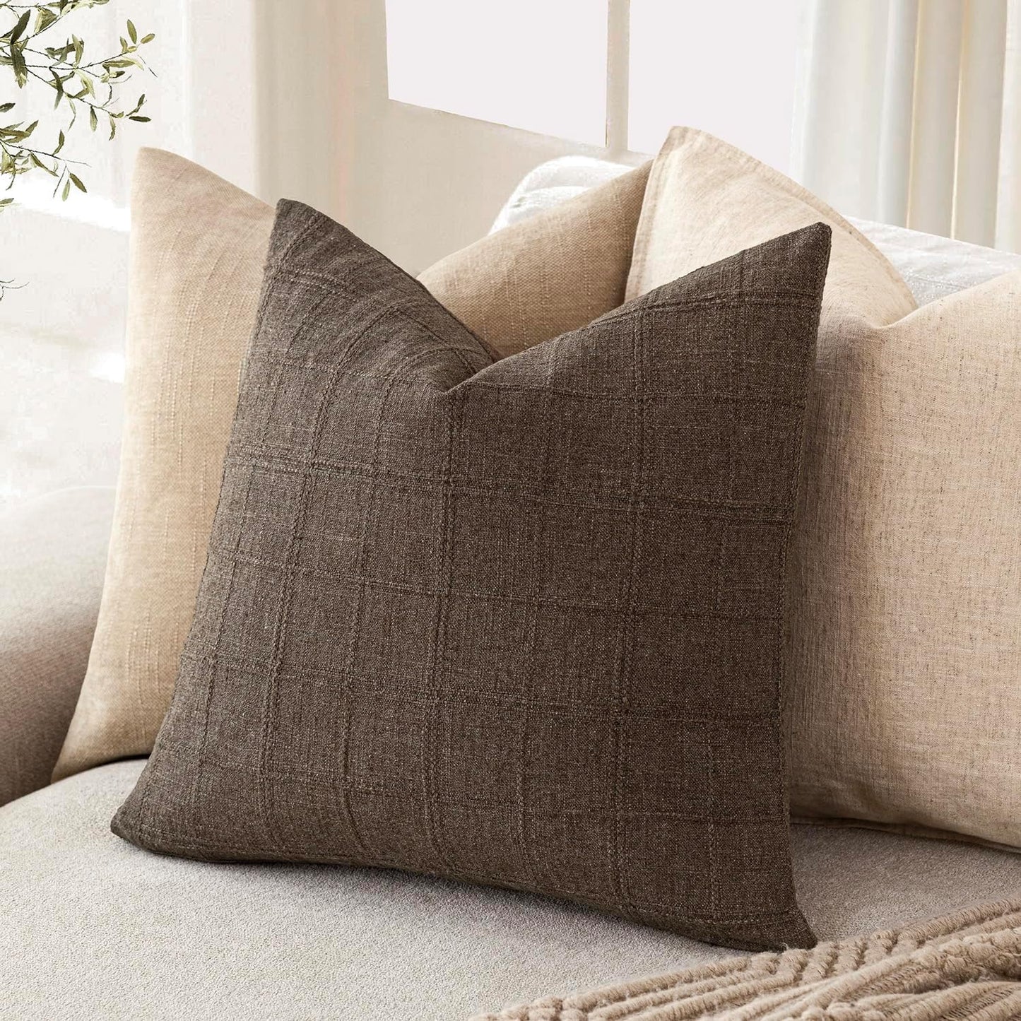 Foindtower Set of 2 Decorative Linen Check Throw Pillow Covers Neutral Farmhouse Vintage Cushion Covers Modern Boho Home Decor for Sofa Chair Couch Bedroom Living Room Outdoor,18×18 Inch,Dark Brown