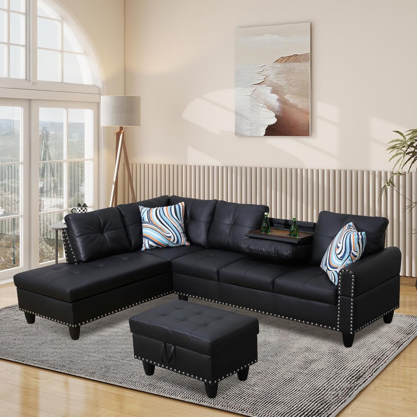 L Shaped Modular Sectional Sofa with Reversible Chaise Lounge, 5-Seater Corner Couch, PU Leather Convertible Sofá w/Movable Ottoman, Cup Holders, 2 Pillows and Rivet Ornament for Living Room