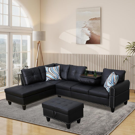 L Shaped Modular Sectional Sofa with Reversible Chaise Lounge, 5-Seater Corner Couch, PU Leather Convertible Sofá w/Movable Ottoman, Cup Holders, 2 Pillows and Rivet Ornament for Living Room
