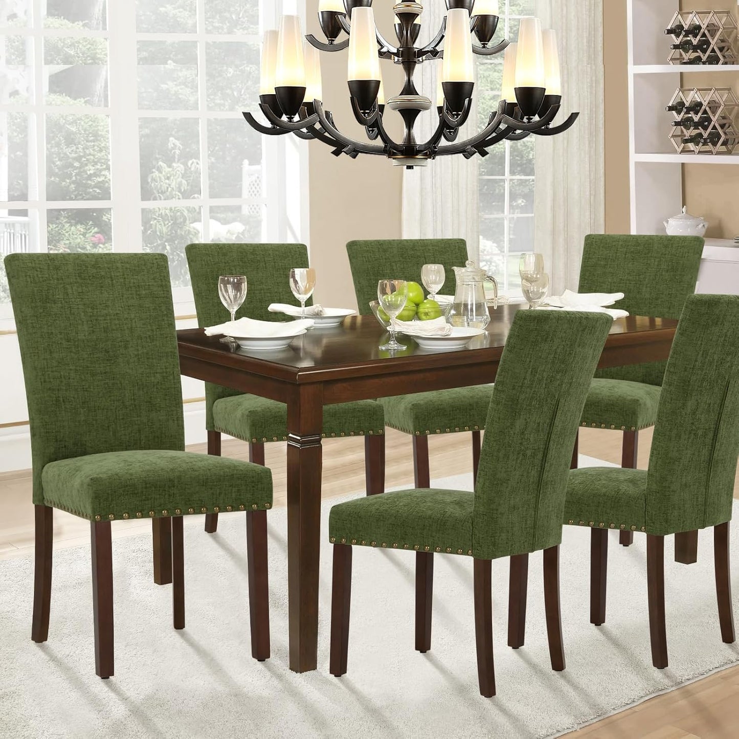 Parsons Dining Chairs Set of 2, Upholstered Nailhead Dining Room Kitchen Side Chair with Thick Cushions and Wood Legs, Green