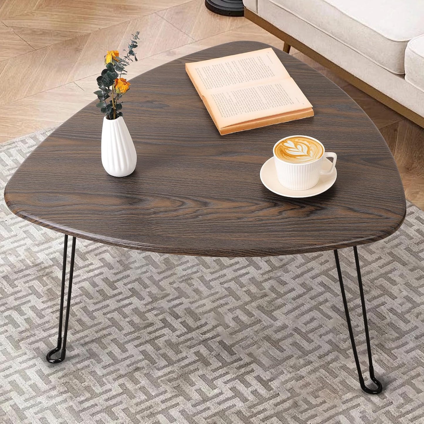 Folding Coffee Tables for Small Spaces Foldable Industrial Sofa Center Table Triangle Design Wood Framed Coffee Table Mid Century Rustic Brown Floor Desk for Living Room Balcony