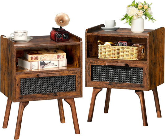 Lerliuo Rattan Nightstands Set of 2, Boho Side Table with Drawer Open Shelf, Cane Accent Bedside End Table with Solid Wood Legs for Bedroom, Dorm and Small Spaces (Brown)