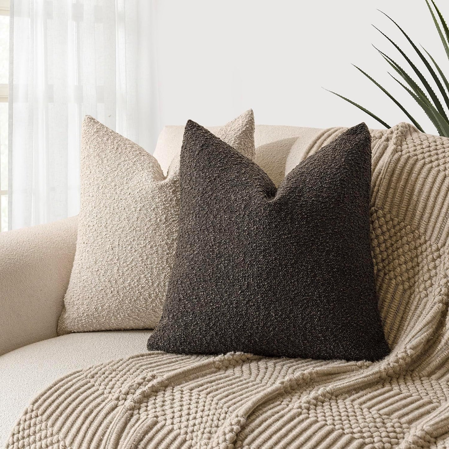 Foindtower Set of 2, Decorative Textured Boucle Throw Pillow Covers Accent Solid Pillow Cases Neutral Soft Cozy Couch Cushion Case for Chair Sofa Bedroom Living Room Home Decor 24 x 24 Inch Dark Brown