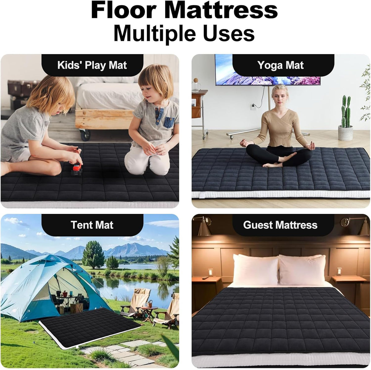 Tiita Japanese Floor Mattress, 4” Thicken Futon Mattress with Storage Bag and 2 Straps, Full Size Sleeping Tatami Mat for Adults，Black