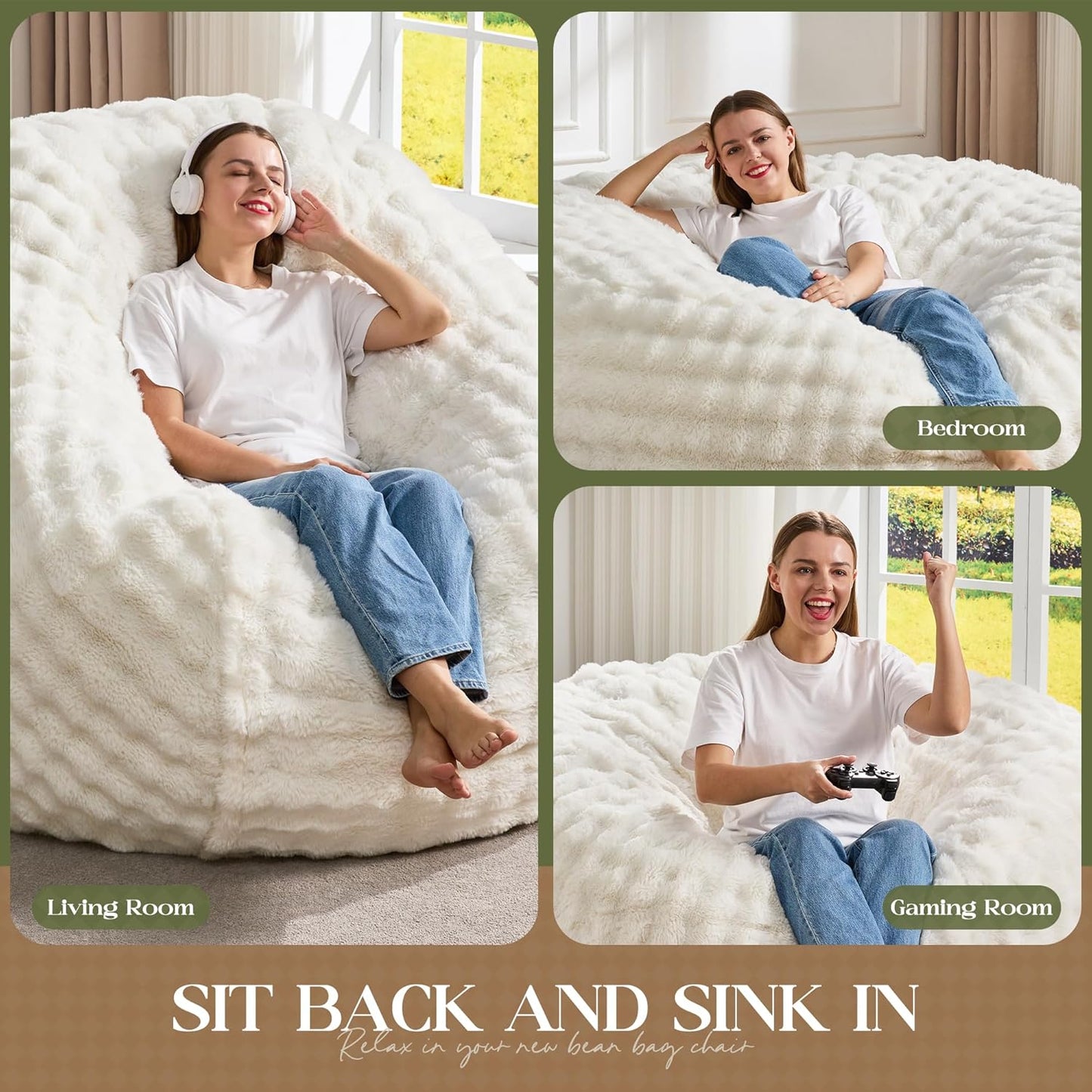 Hobestluk Bean Bag Chairs Beanbag Chair with Filler Adult Bean Bags with Fluffy & Machine Washable Cover, Giant Bean Bag Chairs for Adults (White, 3FT-36" x 36" x 22")