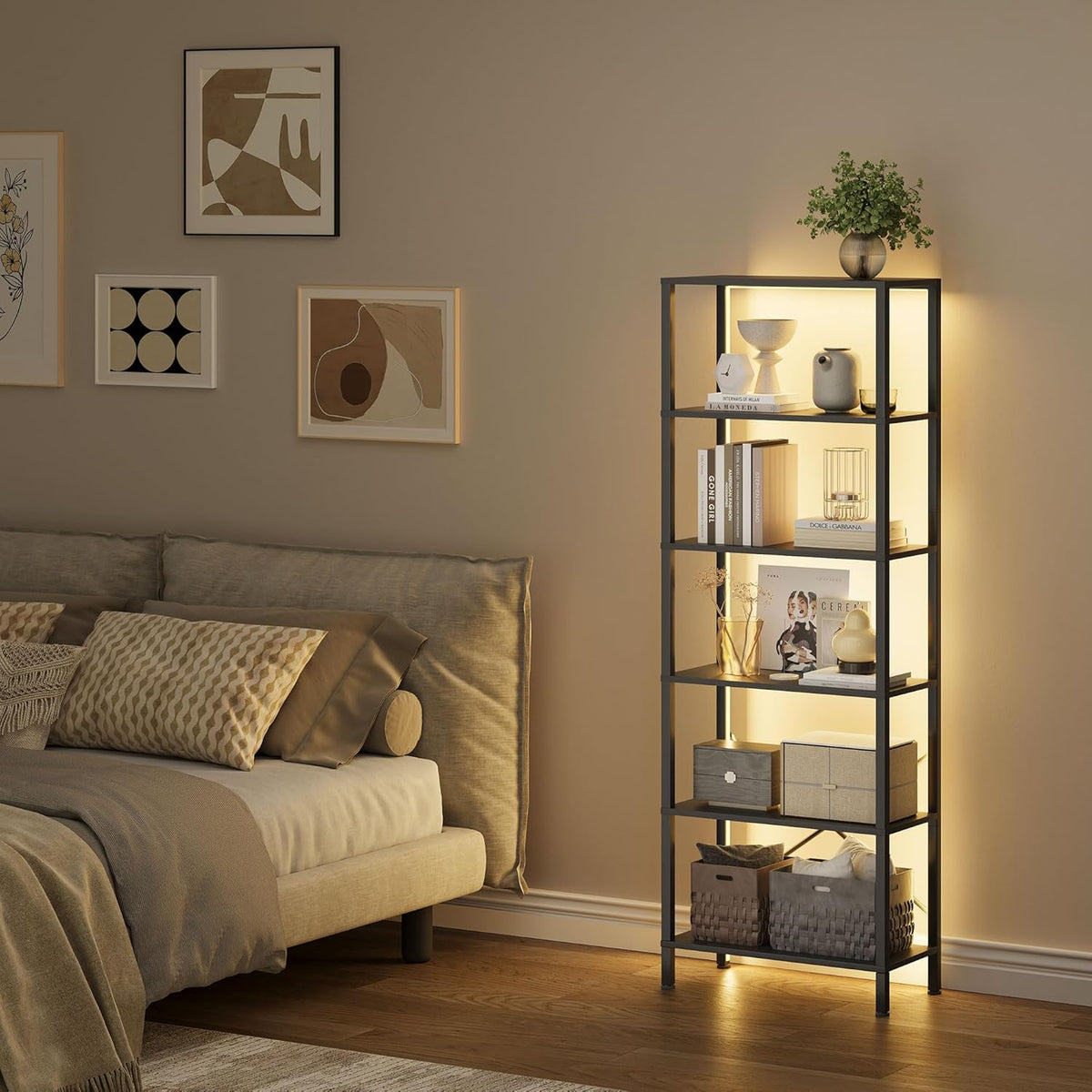 6-Tier Bookshelf, Tall Bookcase with LED Lights, Book Shelf with Steel Frame, 11.2" x 23.6" x 65.4", Display Storage Shelf for Living Room, Bedroom, Home Office, Study, Black
