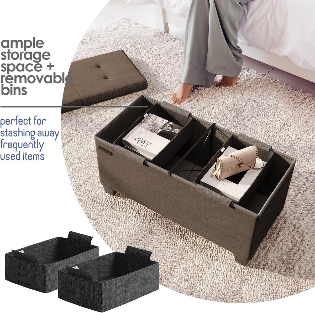 STORAGEBUD Storage Ottoman Bench with Bins, 30-in Storage Bench for Bedroom End of Bed, Folding Foot Rest Ottoman for Living Room Max 660lbs, Fabric Ottomans, Brown