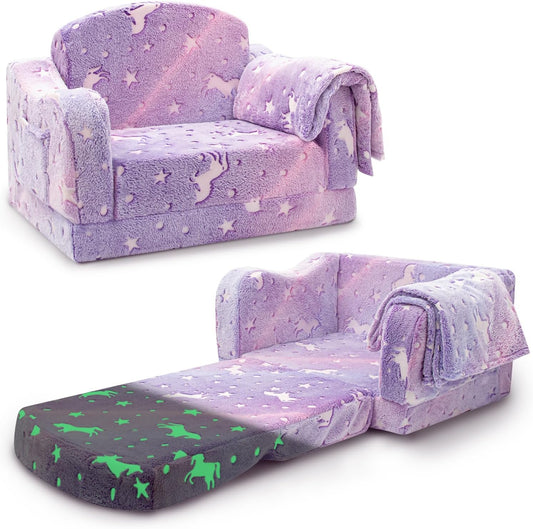 Comfy Toddler Couch and Chair for Kids with Blanket, 2-in-1 Soft Plush Fold Out Kids Sofa Chairs for Girls and Boys, Convertible Sofa to Lounger for Playroom