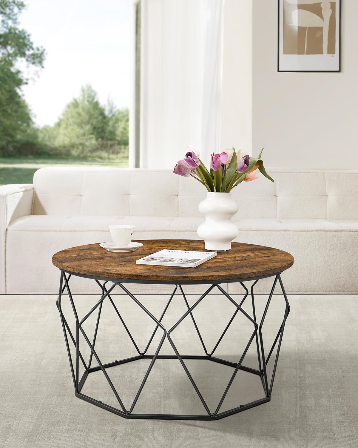 VASAGLE Round Coffee Table for Living Room, Cage Cocktail Table with Steel Frame, 31.5 Inches Dia., Industrial Style, Rustic Brown and Black ULCT040B01