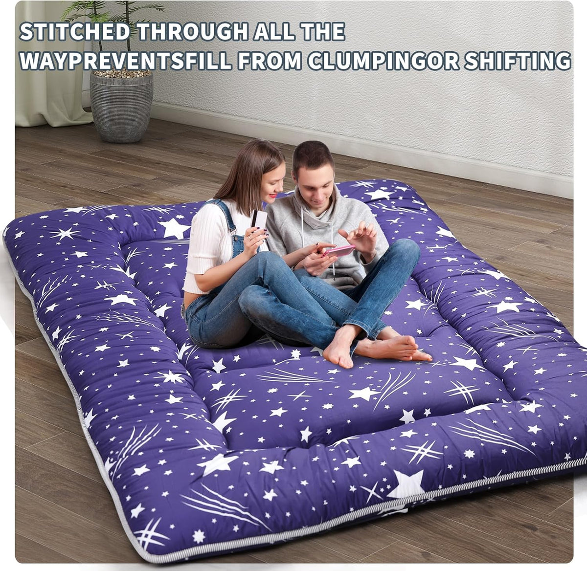 Japanese Floor Mattress,4" Thicken Japanese Floor Sleeping Pad Foldable,Futon Mattress Suitable for Camping and Guest Room (Blue, Full (80" X 47"))