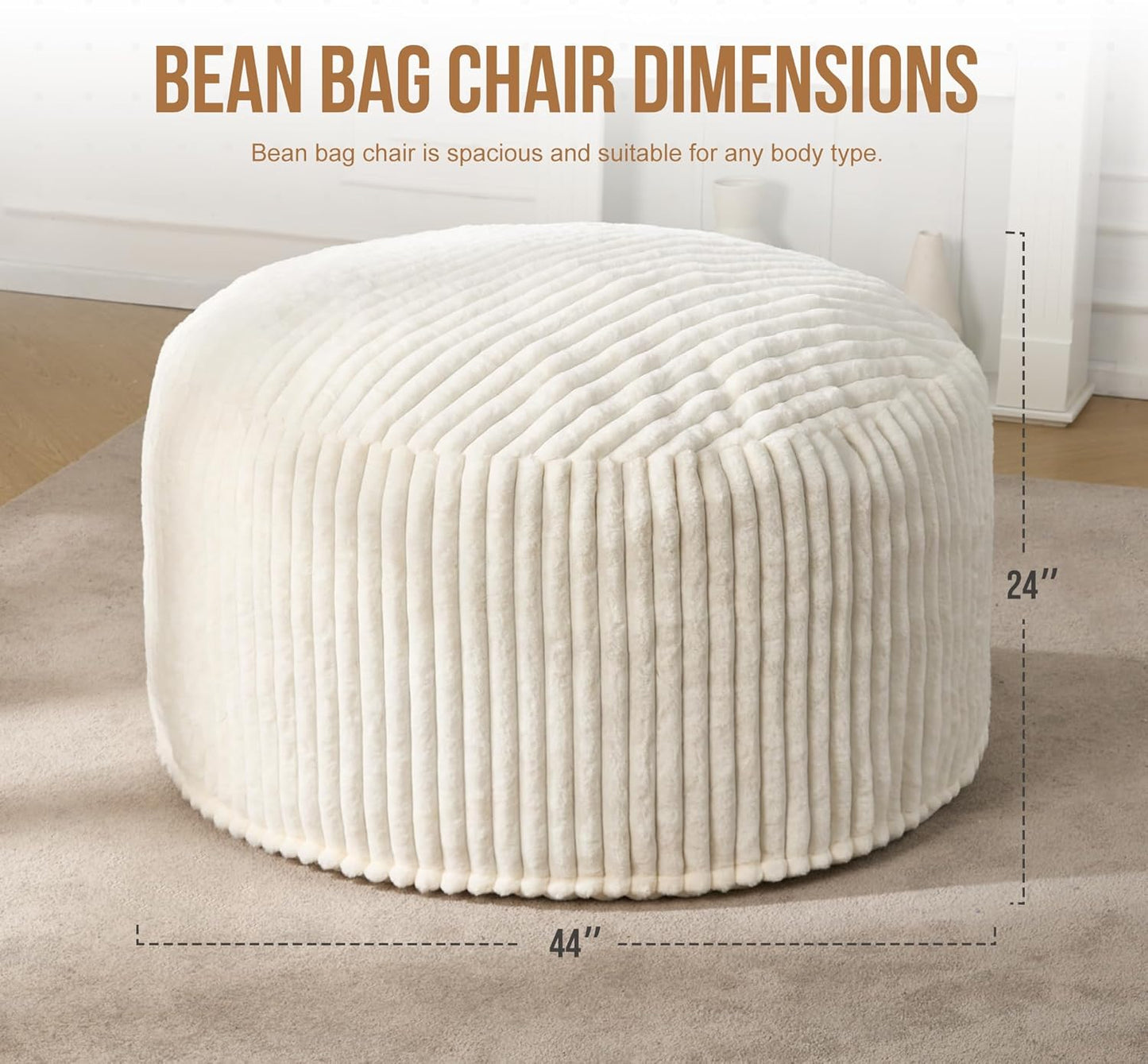 Hobestluk 4ft Bean Bag Chairs for Adults Large Beanbag Chair with Dutch Corded Plush Cover Big Bean Bag Chair for Living Room Bedroom Dorm Office - White (42" x 42" x 24")