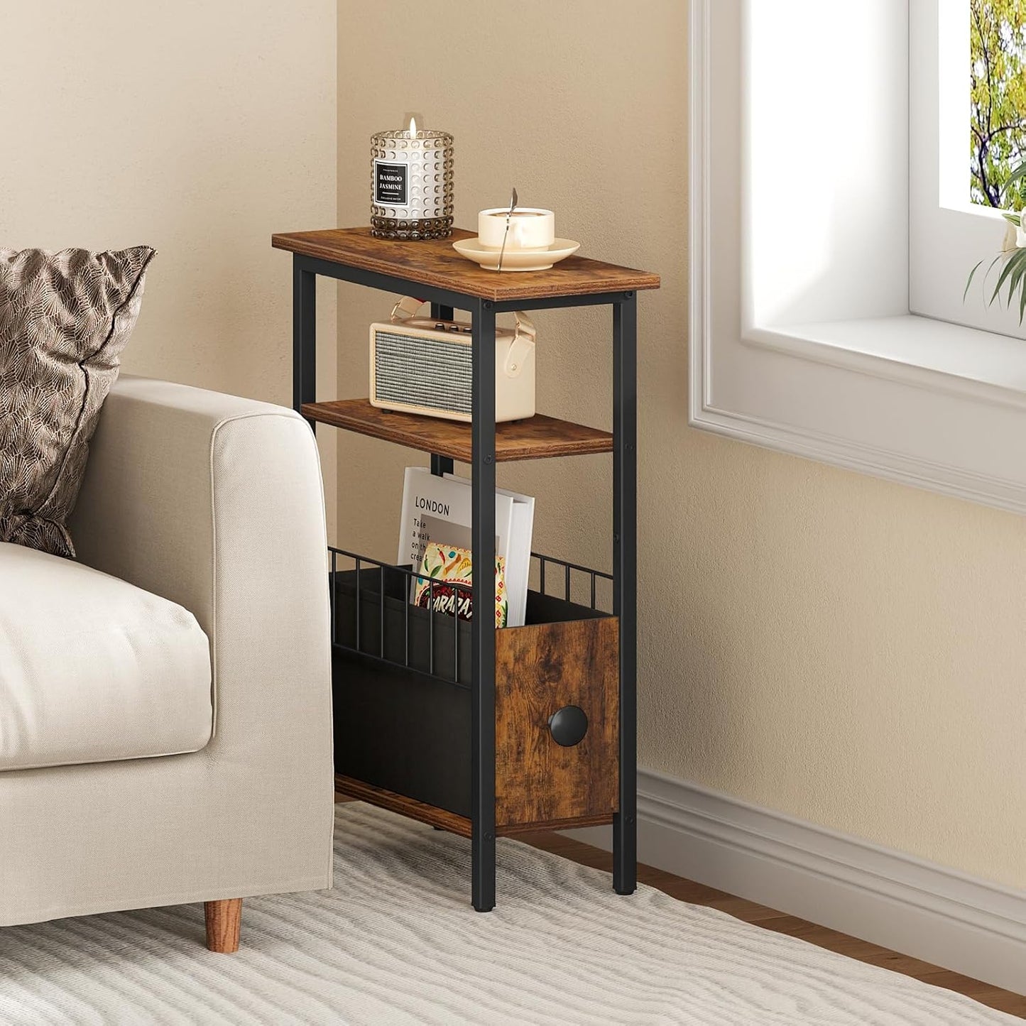 Snughome Narrow Side Table for Small Spaces, Slim End Table 3 Tier, Skinny Nightstand with Drawer, Sofa Beside Table with Storage Shelf for Living Room Bedroom